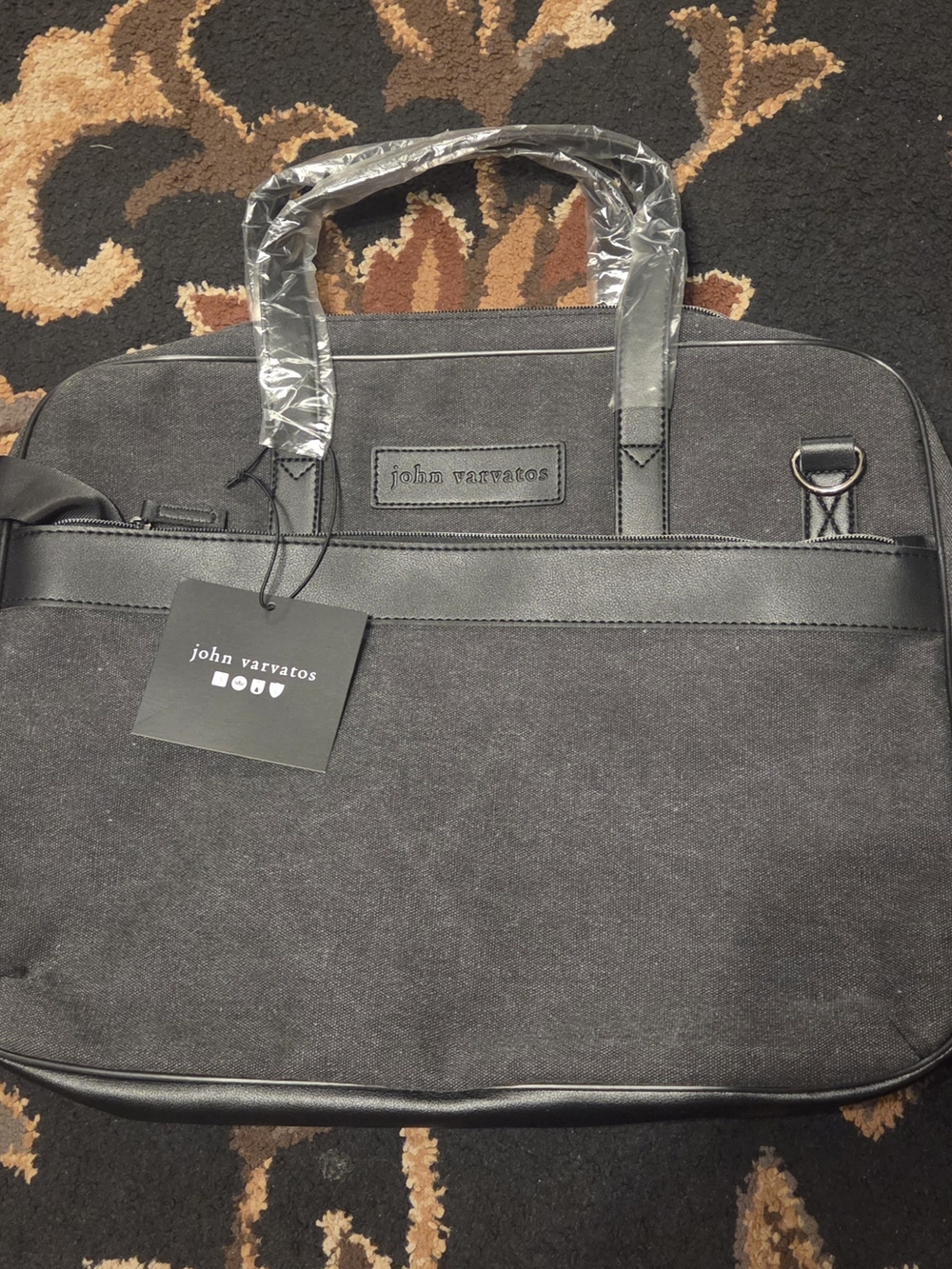John Varvatos Black Canvas Laptop Briefcase with Leather Trim